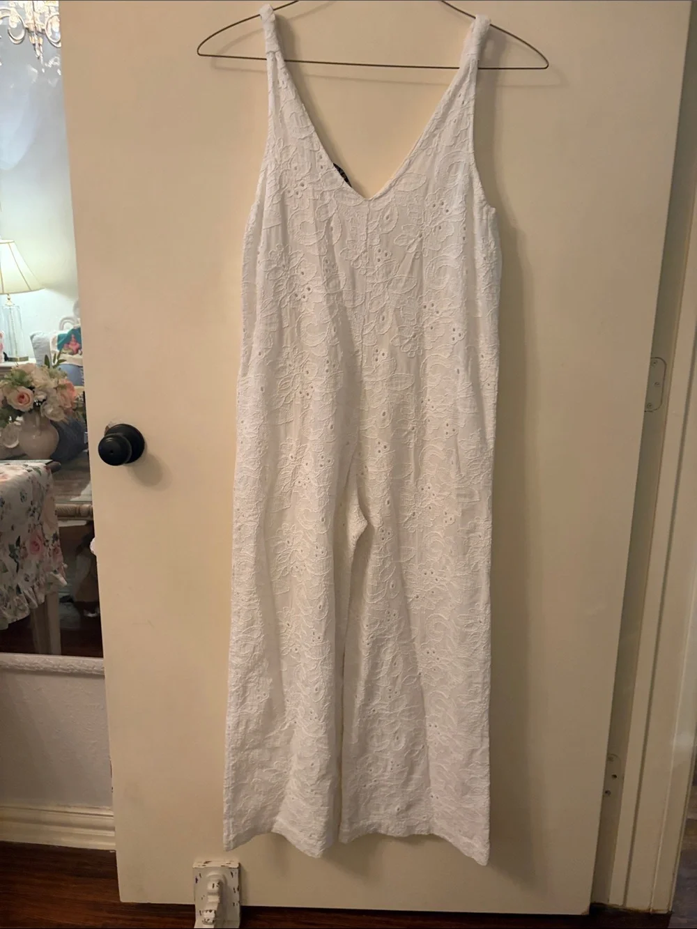 Zara White Eyelet Linen Blend Maxi Jumpsuit